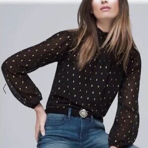 White House Black Market Chiffon Blouse Black Gold Sheer High Neck Long Sleeve